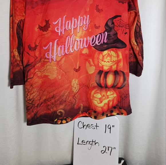 Womans Size Medium Happy Halloween  1/4 Sleeve Orange Pumpkin Tee Fall Spooky - Picture 2 of 6